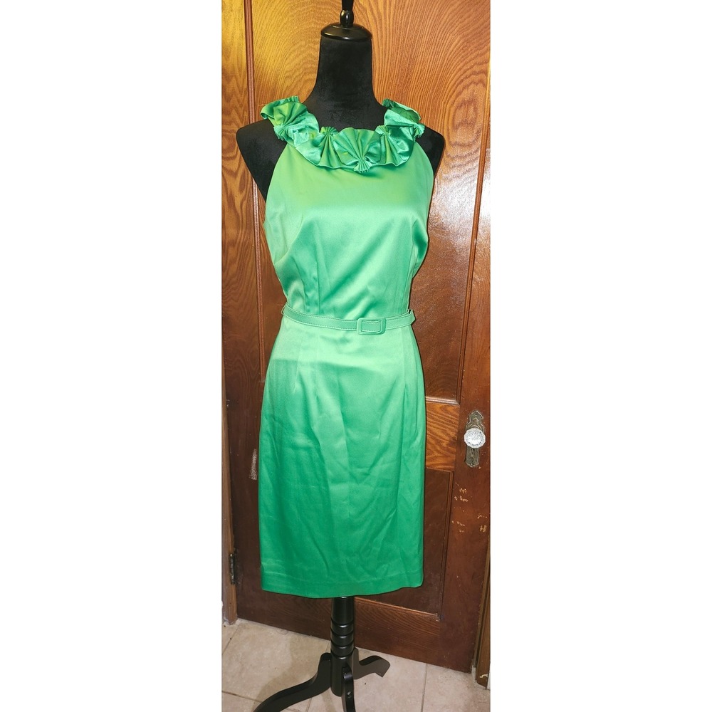 Stacy Adams Green Satin Ruffled Neck Sheath Dress